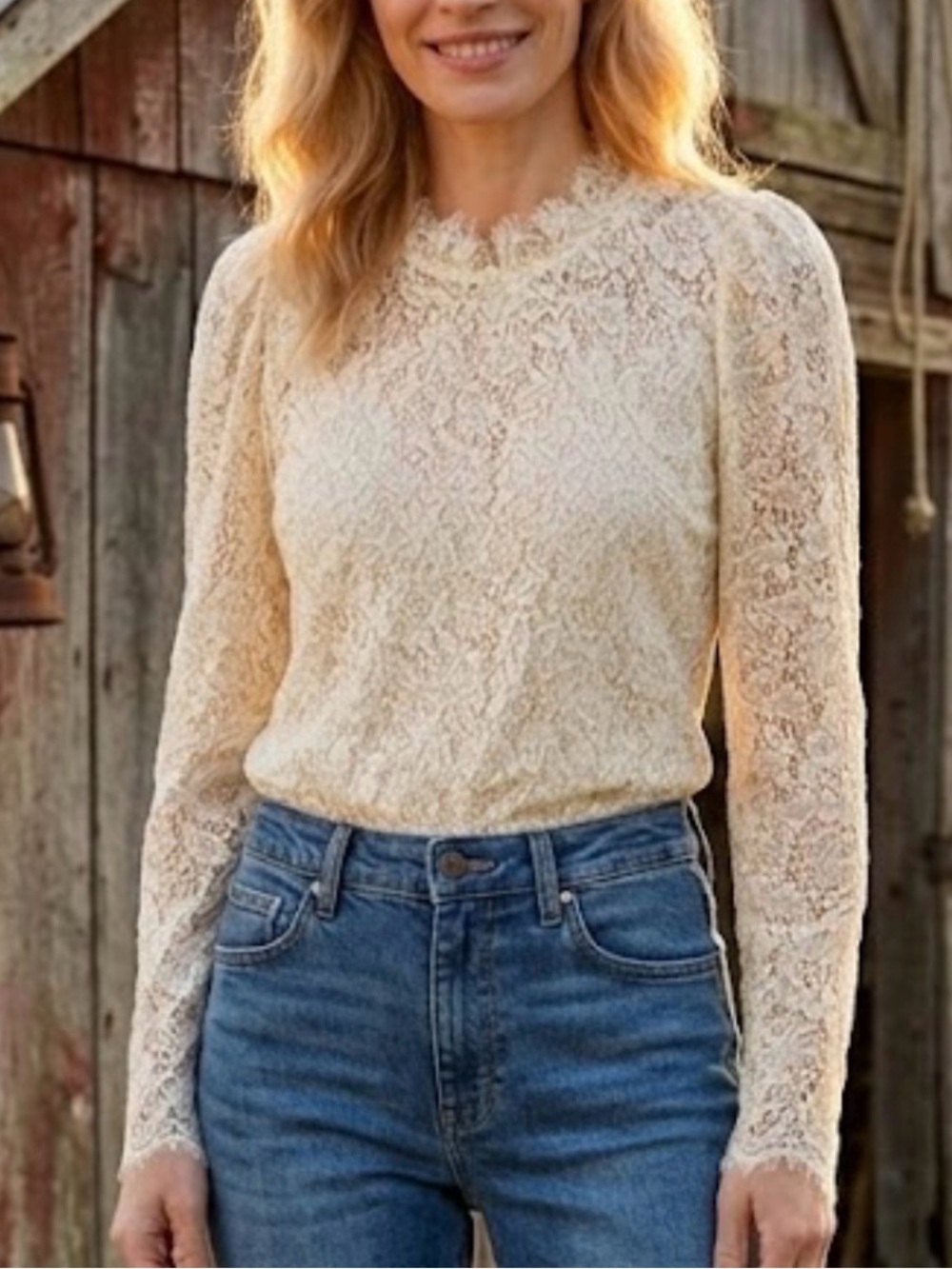 NWT GAP Puff Sleeve Ruffle Neck Lace Top Large